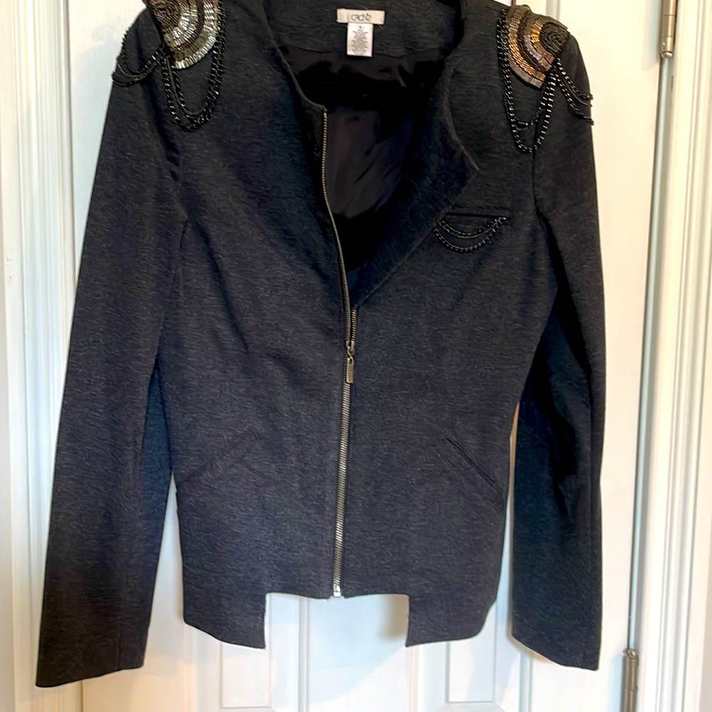 Caché Vintage Charcoal Zip Jacket w/ Embellishments on Shoulders